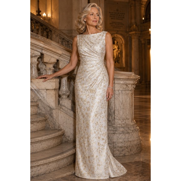 ALFRED SUNG Dresses & Skirts - Alfred Sung NWT Gold Ivory Floral Brocade Formal Column Gown Sample Size 4 Gala